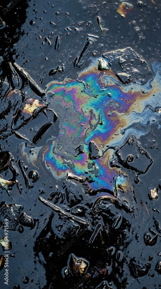 Fototapeta premium Iridescent oil slick on rough asphalt with rainbow sheen for abstract texture background and design