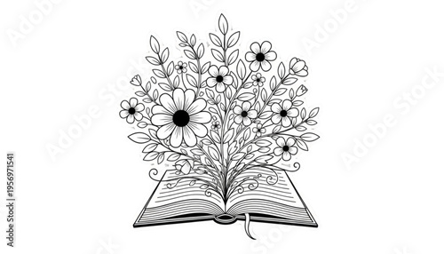 Open Book with Blooming Flowers Line Art for Learning Wisdom Creativity and Personal Development