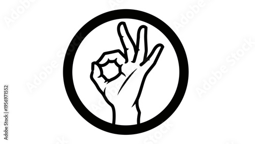 Hand Gesture OK Sign Inside Circle, Black and White Icon, Success and Approval Symbol