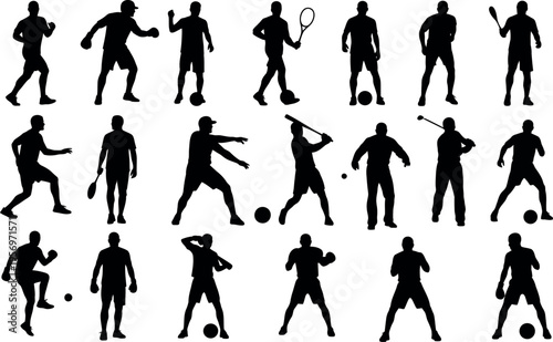 Collection of black silhouettes of people playing various sports in different poses and actions on a white background