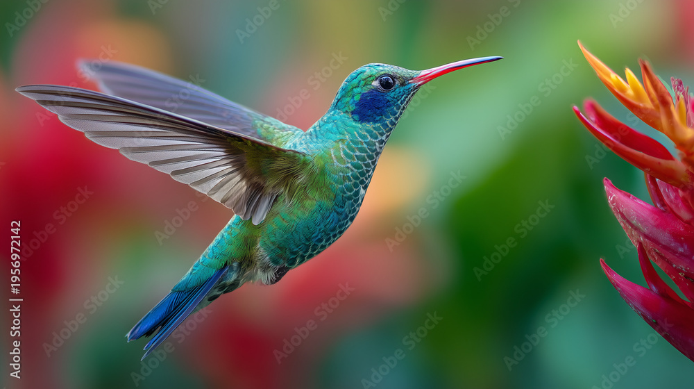 Fototapeta premium Iridescent hummingbird hovering mid air beside a vibrant red tropical flower, wings in motion, capturing delicate beauty, nature detail, and vivid color contrast.