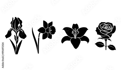 Quadro su tela Minimal floral silhouette icons set with iris daffodil lily and rose simple bota