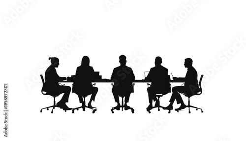 Five business colleagues sit around a long table working on laptops in dark silhouette against a white void.