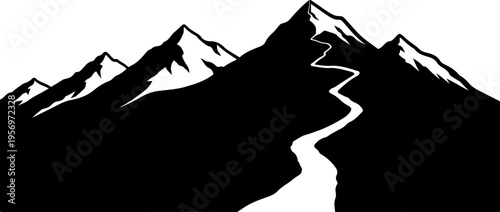Vector mountain range silhouette with winding river