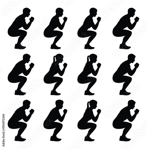 Silhouette of People Doing Squats Exercise Vector Illustration