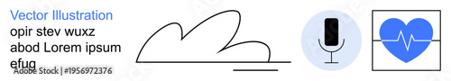 Technology, healthcare, communication, audio tools, cloud storage, wellness. Abstract cloud, microphone and heart with heartbeat symbol. Technology and healthcare concept emphasizing innovation