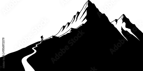 Vector silhouette of a person hiking on a mountain peak