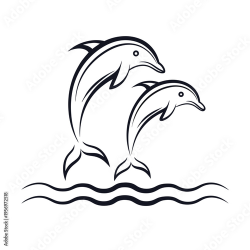 Two magnificent dolphins silhouetted against the sea, joyfully jumping over the rolling waves in daylight.