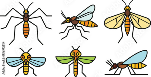 Insect Cartoon Collection Set with Mosquito Bee Wasp and Flying Bug Characters Colorful Flat Vector Illustration Isolated on White Background for Nature Design