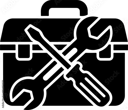 Black toolbox icon with crossed wrench and screwdriver vector