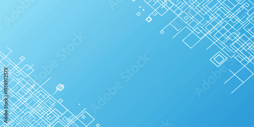 Abstract blue background with technical lines and blueprint patterns creates a digital network concept for architecture and computer technology design