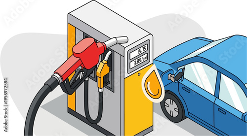 Isometric illustration of a blue car being refueled at a gas station with a red nozzle and a fuel pump.