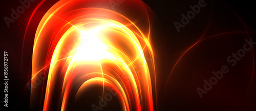 Bright light radiates from center. Concentric arcs create dynamic, fiery effect against dark background. Intense glow, energy, warmth.