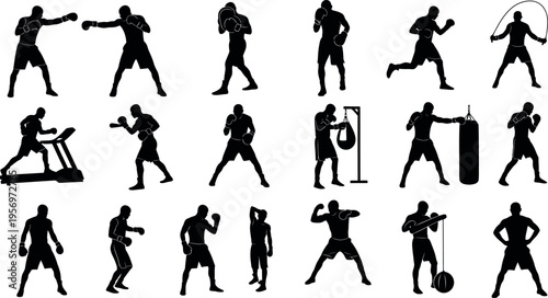 Collection of black silhouettes depicting various sports and fitness activities