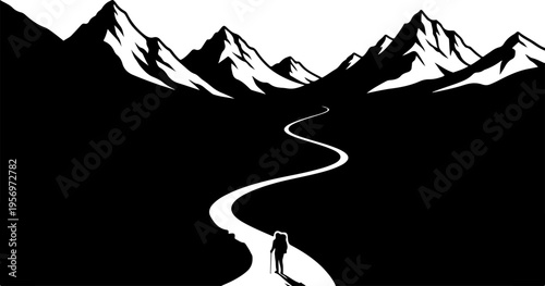 Vector silhouette of person walking towards mountains