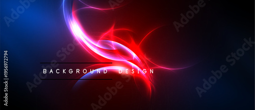 Abstract design features vibrant red, blue energy flows. Dark background enhances glowing curves, creating dynamic visual impact. Text reads background design.