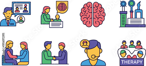 Mental Health Therapy and Psychology Icon Set with Brain Counseling Sessions Support Groups and Medical Treatment Concepts Vector Illustration Isolated on White