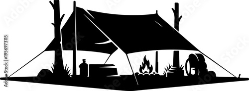 Vector silhouette of camping scene with tent and campfire