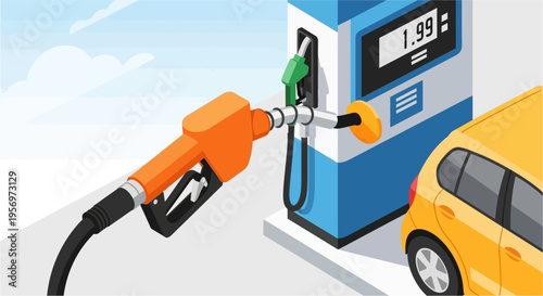 Isometric illustration of a yellow car being refueled at a gas station with a fuel pump showing 1.99.