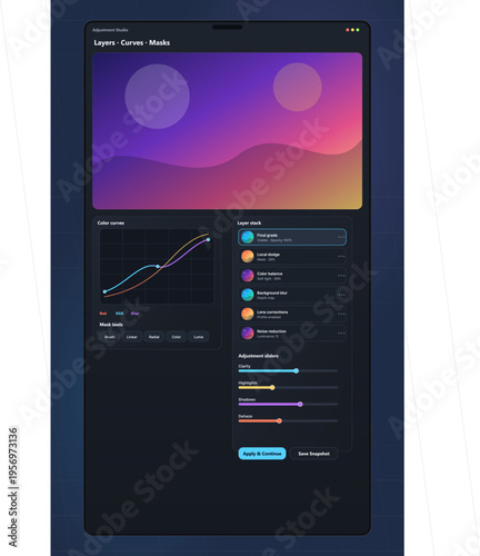 A dark mode user interface for a photo editing application featuring