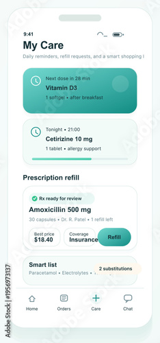 A mobile phone interface displaying a healthcare app for medication