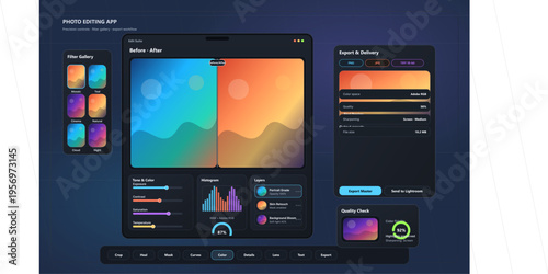 A modern dark mode user interface mockup for a photo editing