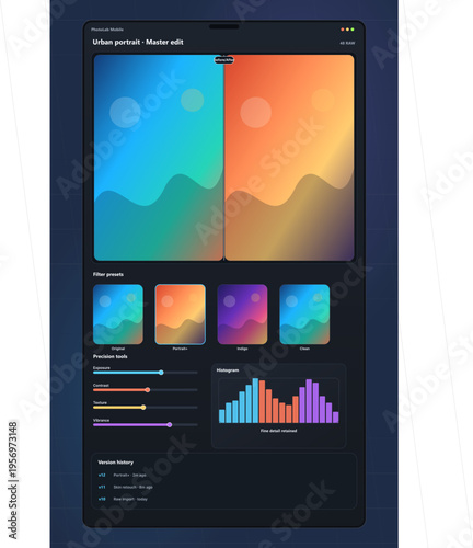 A professional dark mode user interface design for a mobile photo