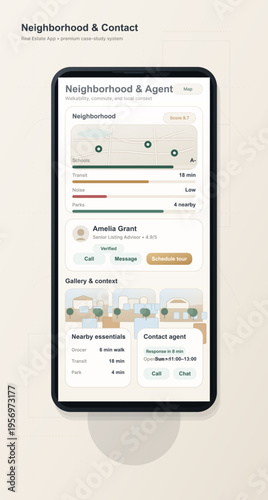 A mobile app interface design for a real estate platform displaying