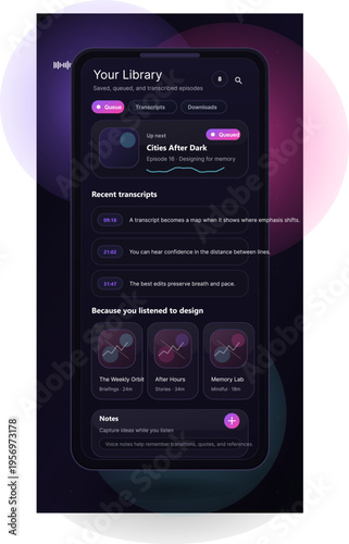 A digital illustration showing a modern podcast player mobile app