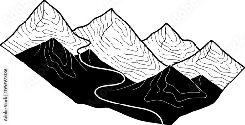 Vector mountain range illustration with topographic lines