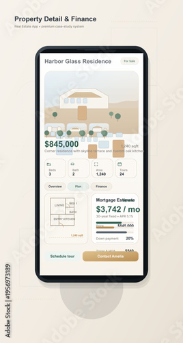 A modern real estate mobile application interface displays property