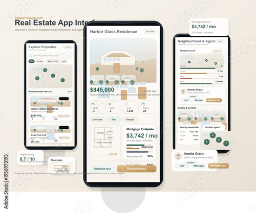 A clean and modern real estate mobile app interface design showing