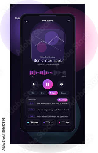 A modern dark mode mobile app interface for a podcast player