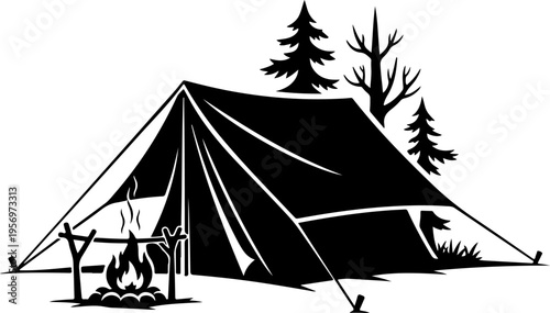 Vector camping tent icon with campfire and trees