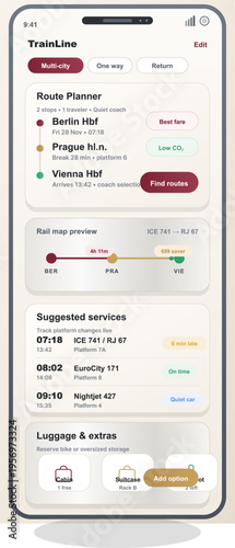 A modern mobile application interface for a train route planner
