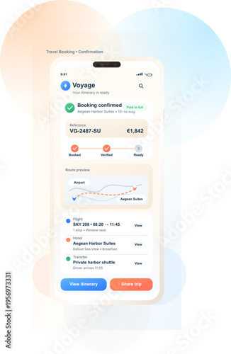 A smartphone displays a travel booking confirmation app interface