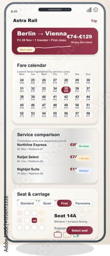 A modern mobile app interface for train ticket booking displays a