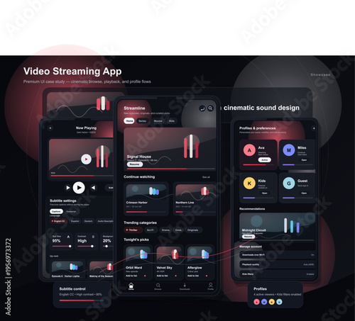 A premium video streaming app UI case study featuring a dark