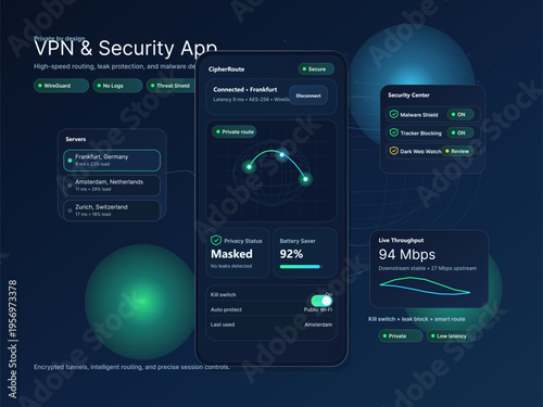 A dark mode user interface design for a mobile VPN and security