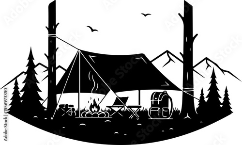 Vector camping scene illustration with tent and campfire
