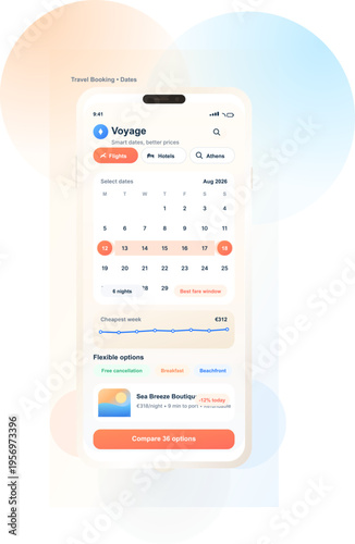 A modern travel booking mobile app interface displays a calendar for