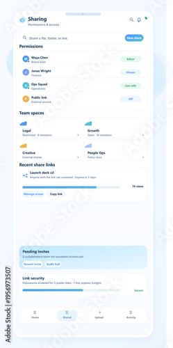 A mobile application interface for cloud storage sharing, featuring
