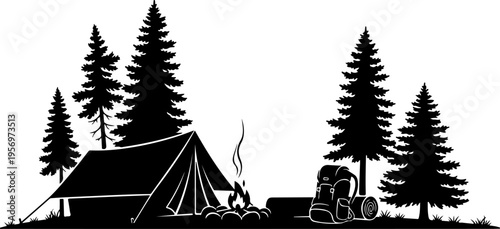 Vector camping silhouette illustration with tent and trees