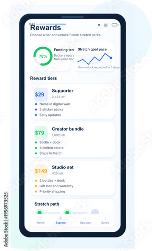 A smartphone displays a crowdfunding app interface with funding