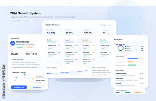 A professional CRM dashboard interface featuring sales pipeline