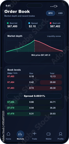 A mobile application interface displaying a cryptocurrency order book