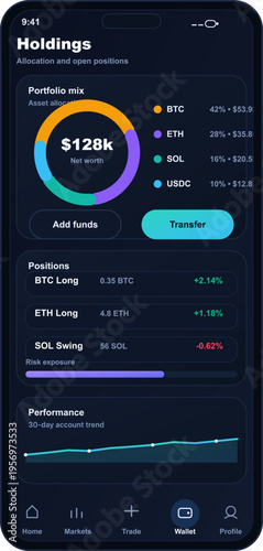 A mobile app interface displays a cryptocurrency portfolio with a