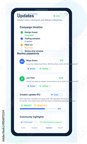 Crowdfunding app interface on a smartphone screen showing campaign