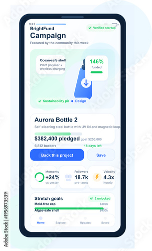 A mobile phone displaying a crowdfunding campaign app interface with
