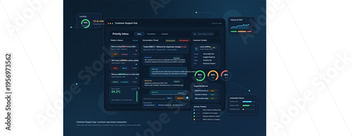 A professional dark mode customer support dashboard interface